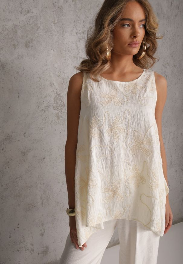 Renee - Biały Wiskozowy Komplet z Lnem w Stylu Boho Spodnie i Bluzka z Haftem Marymene. Kolor: biały. Materiał: wiskoza, len. Wzór: haft