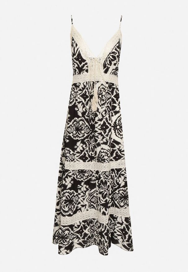 Born2be - Czarna Bawełniana Sukienka Rozkloszowana w Etniczny Wzór z Koronką Taliosha. Okazja: na co dzień. Typ kołnierza: dekolt w kształcie V. Kolor: czarny. Materiał: bawełna, koronka. Długość rękawa: na ramiączkach. Wzór: koronka. Styl: casual, elegancki