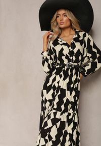 Renee - Beżowo-Czarna Koszulowa Sukienka Maxi w Geometryczny Wzór Qerida. Okazja: na co dzień. Kolor: czarny. Długość rękawa: krótki rękaw. Wzór: geometria. Typ sukienki: koszulowe. Styl: casual. Długość: maxi #5