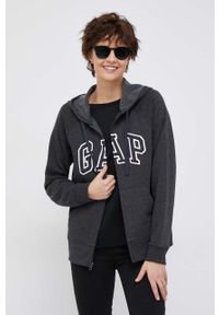 GAP bluza damska kolor szary z kapturem z aplikacją. Typ kołnierza: kaptur. Kolor: szary. Materiał: dzianina. Długość rękawa: raglanowy rękaw. Wzór: aplikacja #1