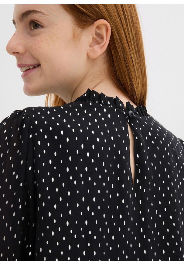 bonprix - Bluzka szyfonowa z marszczoną stójką. Typ kołnierza: kołnierzyk stójkowy. Kolor: czarny. Materiał: szyfon. Styl: elegancki