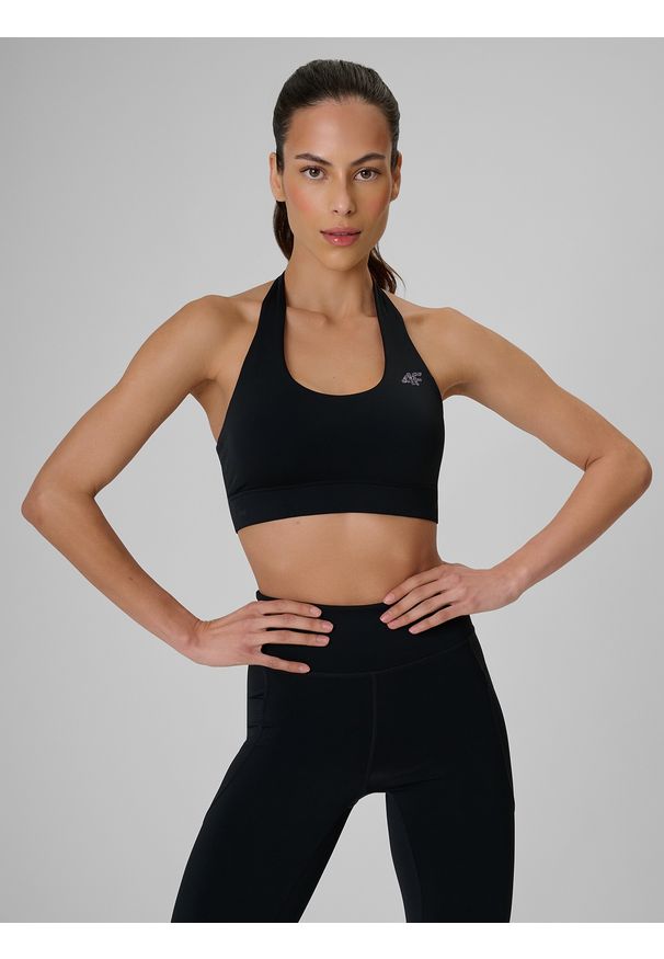 4f - 4F Biustonosz treningowy z niskim wsparciem damski - czarny XL. Kolor: czarny. Materiał: materiał, guma, włókno. Rodzaj stanika: wyciągane miseczki. Sport: fitness
