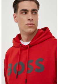 BOSS Orange - BOSS bluza bawełniana BOSS ORANGE męska kolor czerwony z kapturem z nadrukiem. Typ kołnierza: kaptur. Kolor: czerwony. Materiał: bawełna. Wzór: nadruk #3