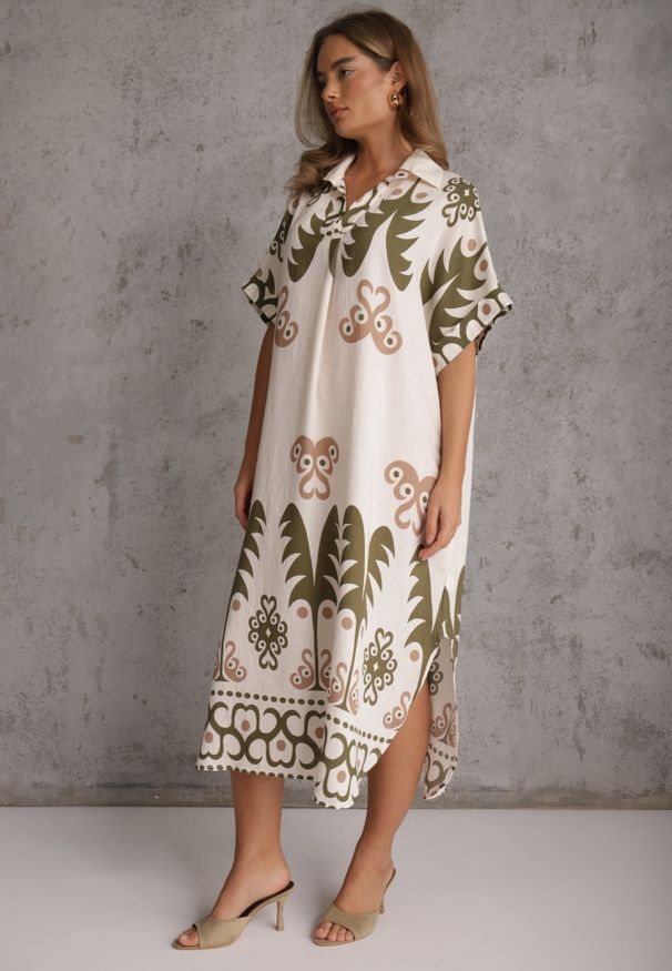 Renee - Zielona Wiskozowa Sukienka o Kroju Oversize z Geometrycznym Printem Talon. Kolor: zielony. Materiał: wiskoza. Wzór: nadruk, geometria. Sezon: lato. Typ sukienki: oversize. Styl: elegancki