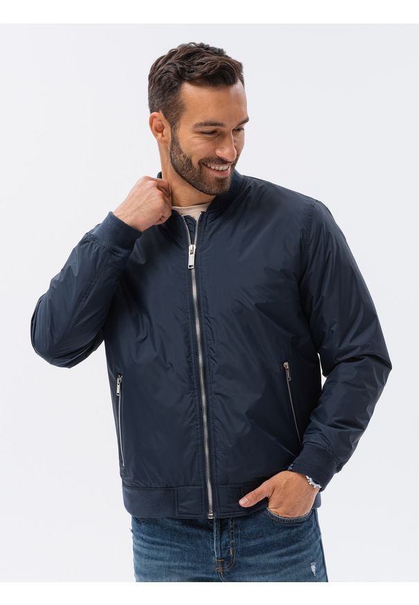 Ombre Clothing - Kurtka męska bomberka - granatowa V19 - Rozmiar: L. Kolor: niebieski. Materiał: poliester