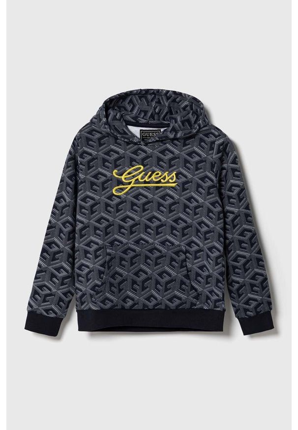 Guess bluza bawełniana dziecięca kolor granatowy z kapturem wzorzysta. Typ kołnierza: kaptur. Kolor: niebieski. Materiał: bawełna