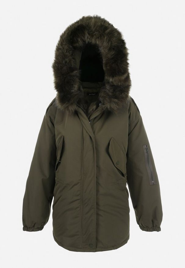 Born2be - Ciemnozielona Kurtka Parka Oversize z Futerkiem Mitto. Kolor: zielony. Materiał: futro. Długość rękawa: długi rękaw. Długość: długie. Sezon: zima, jesień. Styl: elegancki, klasyczny
