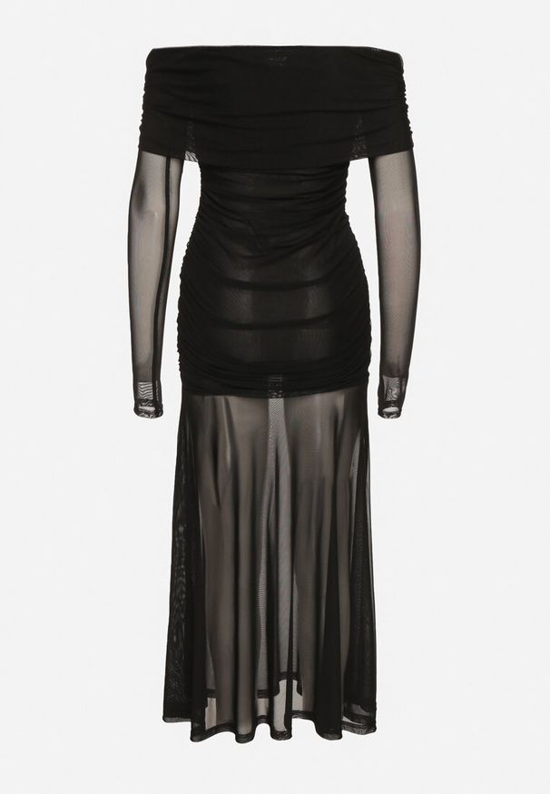 Born2be - Czarna Taliowana Sukienka Typu Hiszpanka z Transparentnymi Wstawkami Halacia. Typ kołnierza: dekolt hiszpanka. Kolor: czarny. Styl: elegancki