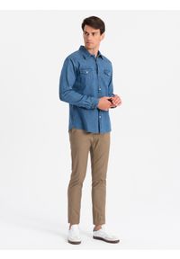 Ombre Clothing - Koszula męska jeansowa na zatrzaski z kieszonkami - niebieska V2 - Rozmiar: S. Kolor: niebieski. Materiał: jeans