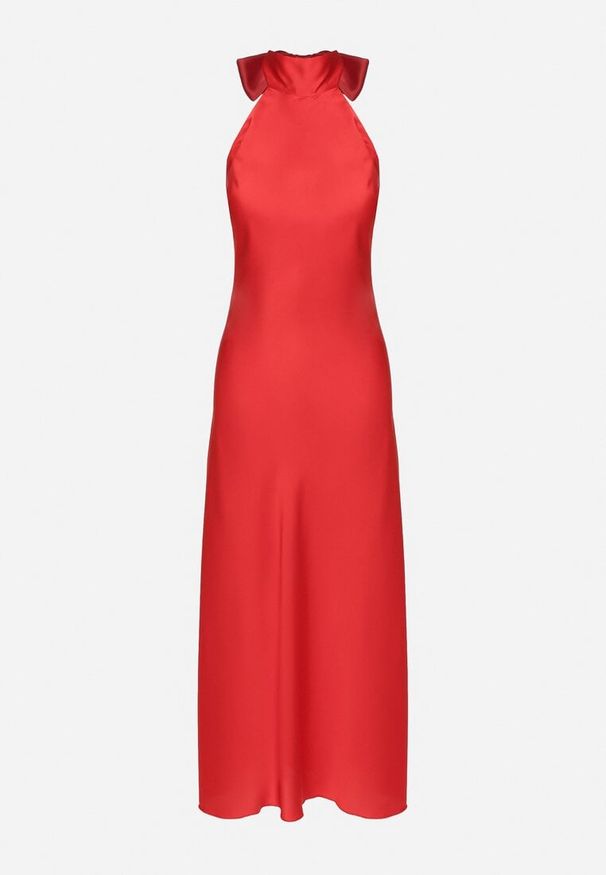 Born2be - Czerwona Satynowa Sukienka Koktajlowa z Dekoltem Halter Annela. Okazja: na co dzień, na imprezę. Typ kołnierza: dekolt halter. Kolor: czerwony. Materiał: satyna. Długość rękawa: bez rękawów. Sezon: lato. Styl: wizytowy