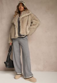 Renee - Szary Komplet Dzianinowy Sweter i Spodnie Wide Leg z Ozdobną Lamówką Ralenia. Kolor: szary. Materiał: dzianina. Wzór: aplikacja #5