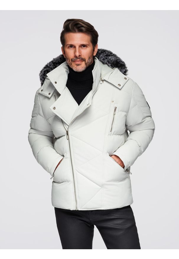 Ombre Clothing - Pikowana kurtka męska o kroju ramoneski z kapturem - jasnoszara V4 - Rozmiar: M. Typ kołnierza: kaptur. Kolor: szary. Materiał: satyna, futro, poliester, materiał. Sezon: zima. Styl: klasyczny, elegancki