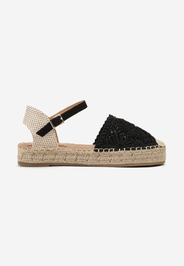 Renee - Czarne Espadryle na Niskiej Platformie Zapinane wokół Kostki z Plecionką Asanipia. Kolor: czarny. Sezon: lato. Obcas: na platformie. Styl: elegancki