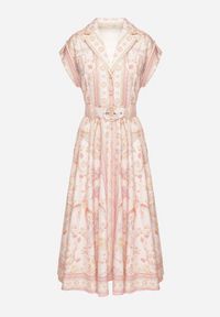 Born2be - Różowa Rozkloszowana Sukienka Koszulowa z Lnu i Wiskozy z Paskiem Alumera. Typ kołnierza: dekolt w serek, kołnierzyk klasyczny. Kolor: różowy. Materiał: wiskoza, len. Typ sukienki: koszulowe. Styl: klasyczny #2