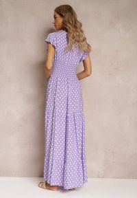 Renee - Fioletowa Rozkloszowana Sukienka Maxi w Kropki z Gumką w Talii Janey. Okazja: na co dzień, na imprezę. Kolor: fioletowy. Wzór: kropki. Styl: casual. Długość: maxi