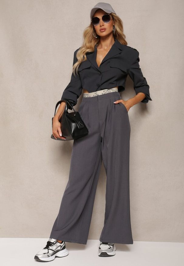 Renee - Szare Szerokie Spodnie w Stylu Garniturowym High Waist Folara. Stan: podwyższony. Kolor: szary. Materiał: tkanina