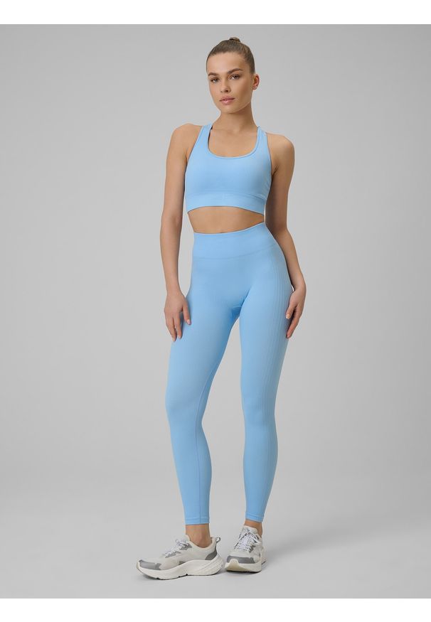 4f - 4F Legginsy treningowe bezszwowe damskie - niebieskie XL/XXL. Stan: podwyższony. Kolor: niebieski. Materiał: włókno, dzianina. Długość: długie. Wzór: prążki, gładki