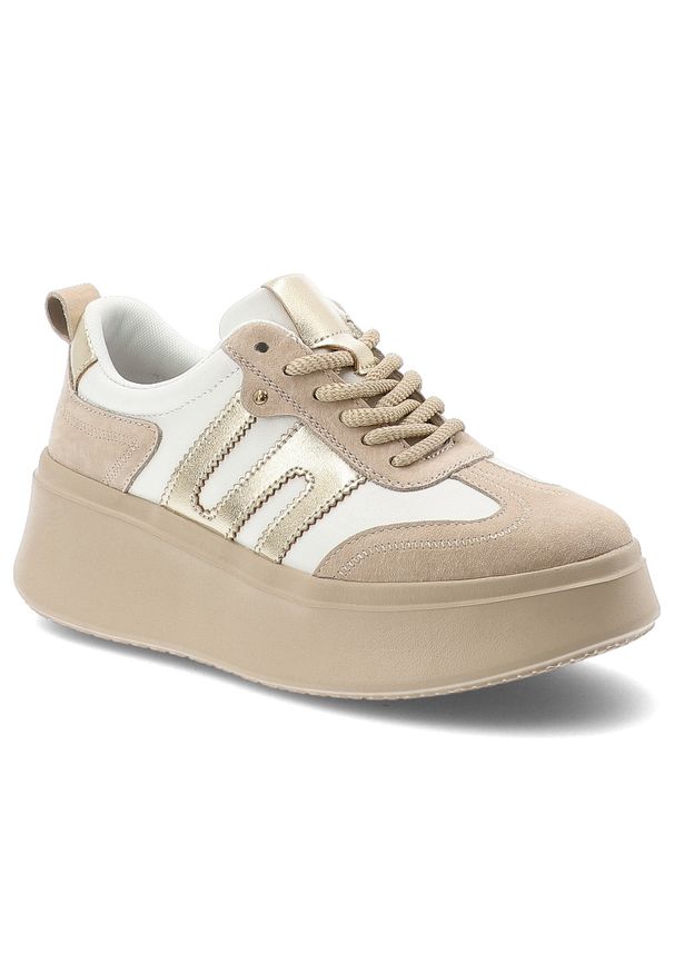 Sneakersy damskie Filippo, cholewka ze skóry naturalnej klasyczne sznurowanie na podwyższonej podeszwie, beżowe, DP7514/26. Zapięcie: sznurówki. Kolor: biały. Materiał: skóra. Szerokość cholewki: normalna