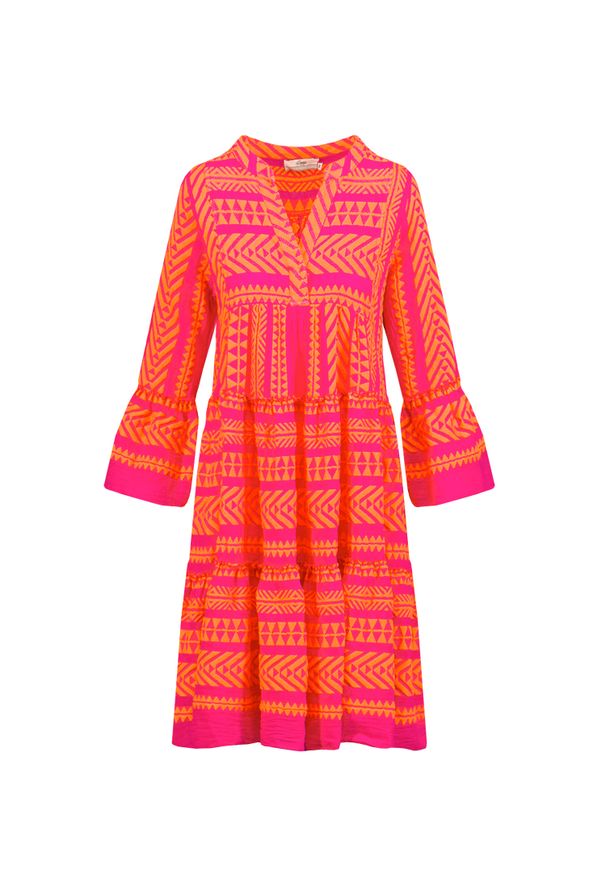 Devotion - Sukienka DEVOTION ELLA DRESS MIDI. Typ kołnierza: dekolt w kształcie V. Kolor: pomarańczowy, różowy, wielokolorowy. Materiał: dresówka, bawełna, tkanina. Styl: wakacyjny, elegancki. Długość: midi