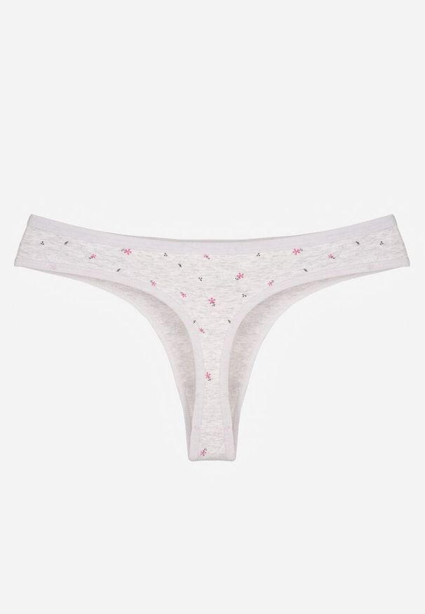 Born2be - Jasnoszare Majtki Stringi z Bawełną w Kwiaty Calylia. Kolor: szary. Materiał: bawełna. Wzór: kwiaty