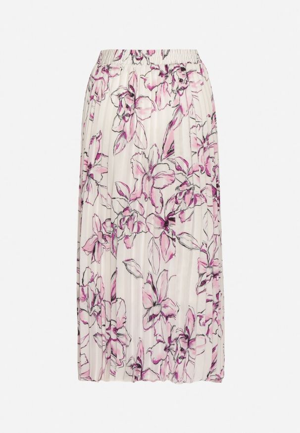 Born2be - Biało-Fuksjowa Spódnica z Wiskozą Zdobiona Plisami i Kwiatowym Wzorem Firavia. Okazja: na co dzień. Kolor: biały. Materiał: wiskoza. Wzór: aplikacja, kwiaty. Styl: casual