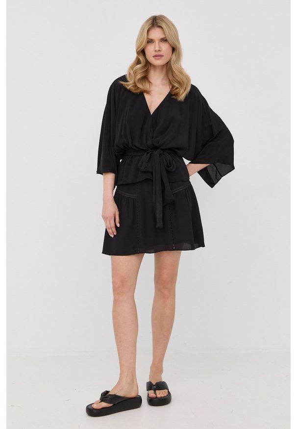 The Kooples spódnica jedwabna kolor czarny mini rozkloszowana. Kolor: czarny. Materiał: jedwab
