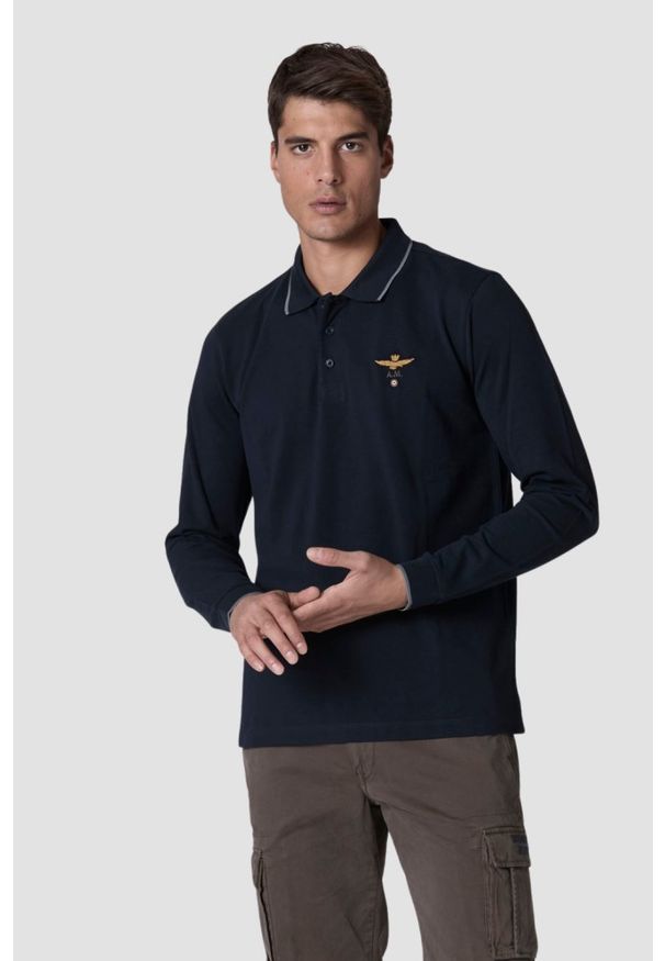 Aeronautica Militare - AERONAUTICA MILITARE Granatowy męski longsleeve polo, Rozmiar XXL. Typ kołnierza: polo. Kolor: niebieski. Długość rękawa: długi rękaw