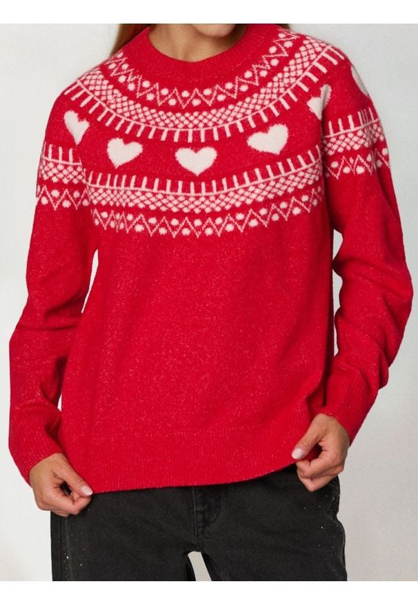 Sinsay - Świąteczny sweter z sercami z domieszką wełny - czerwony. Kolor: czerwony. Materiał: wełna. Styl: wizytowy