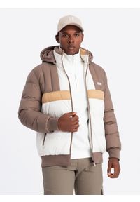 Ombre Clothing - Kolorowa sportowa męska kurtka w stylu retro – beżowo-biała V2. Typ kołnierza: kołnierzyk stójkowy. Kolor: biały. Materiał: guma, syntetyk, poliester, materiał. Wzór: kolorowy. Styl: retro, sportowy #4