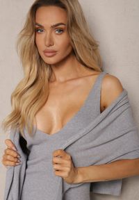 Renee - Szary Komplet z Prążkowanej Dzianiny Golf z Bufiastymi Rękawami i Sukienka na Ramiączkach Belianora. Kolor: szary. Materiał: dzianina, prążkowany