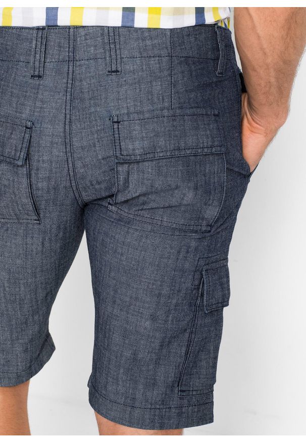 bonprix - Bermudy bojówki Loose Fit z czystej bawełny. Kolor: niebieski. Materiał: bawełna. Długość: krótkie. Wzór: melanż