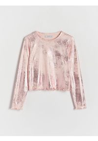 Reserved - Koszulka z metalicznym efektem - pastelowy róż. Kolor: różowy. Materiał: prążkowany, dzianina