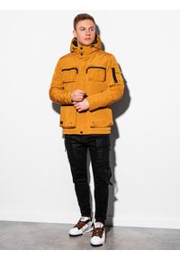 Ombre Clothing - Kurtka męska zimowa C450 - musztardowa - XL. Kolor: żółty. Materiał: poliester. Wzór: aplikacja. Sezon: zima #4