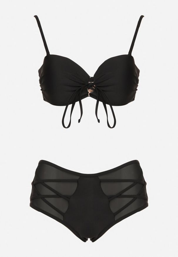 Renee - Czarne Bikini Biustonosz i Majtki Figi High Waist z Siateczkowymi Zdobieniami Kinovia. Stan: podwyższony. Kolor: czarny. Wzór: aplikacja