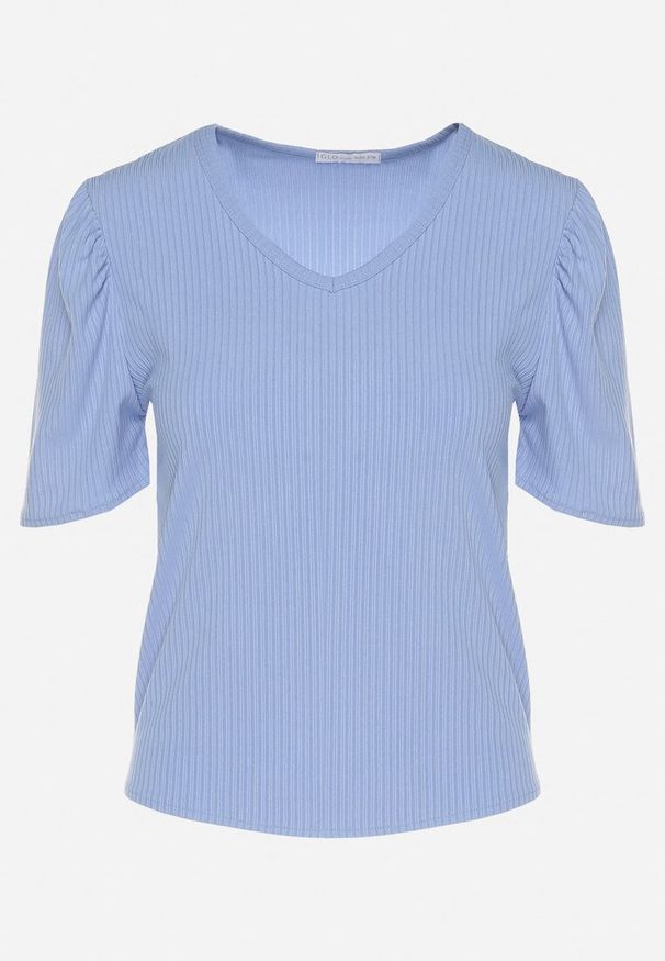 Born2be - Niebieski T-shirt z Dekoltem w Serek Sunesse. Okazja: na co dzień. Typ kołnierza: dekolt w serek. Kolor: niebieski. Materiał: jeans. Styl: klasyczny, casual