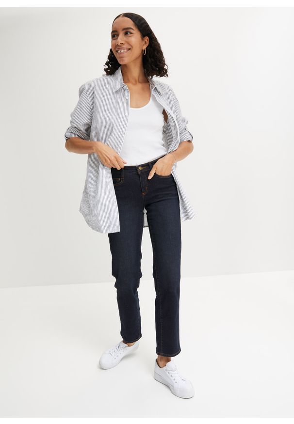 bonprix - Dżinsy Straight Slim, Mid Waist, ze stretchem. Stan: podwyższony. Kolor: niebieski