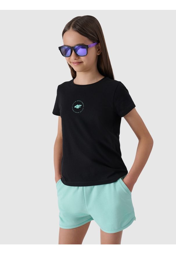 4f - T-shirt z bawełny organicznej gładki dziewczęcy - czarny. Okazja: na co dzień. Kolor: czarny. Materiał: bawełna. Wzór: gładki. Sezon: lato. Styl: sportowy, casual
