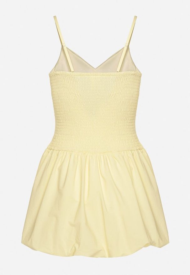 Born2be - Żółta Sukienka Bombka na Cienkich Ramiączkach z Kokardą i Cyrkoniami Paliandria. Okazja: na imprezę. Typ kołnierza: kokarda. Kolor: żółty. Długość rękawa: na ramiączkach. Wzór: aplikacja. Sezon: lato. Typ sukienki: bombki. Styl: elegancki