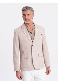 Ombre Clothing - Męska marynarka o kroju REGULAR z lnem - jasnobeżowa V2. Okazja: do pracy. Kolor: beżowy. Materiał: len. Wzór: aplikacja. Styl: klasyczny, elegancki #5