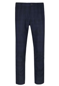 Rigon - Eleganckie Męskie Spodnie - RIGON - Granatowe w Kratkę. Kolor: niebieski. Materiał: poliester, elastan, wiskoza. Wzór: kratka. Styl: elegancki #1