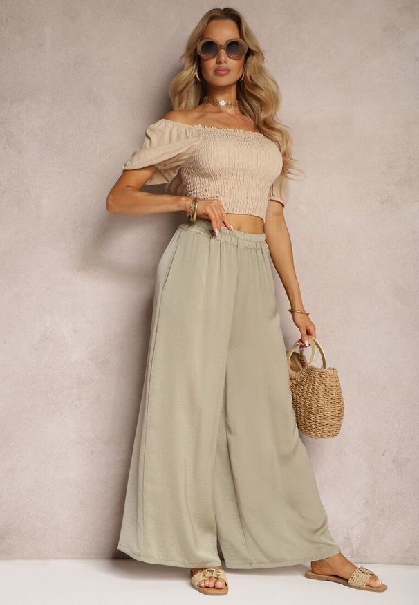 Renee - Jasnozielone Wiskozowe Spodnie Szerokie High Waist Rissalene. Okazja: do pracy, na spotkanie biznesowe. Stan: podwyższony. Kolor: beżowy. Materiał: wiskoza. Styl: elegancki, biznesowy
