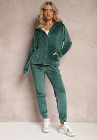 Renee - Ciemnozielony Welurowy Komplet Dresowy 2-Częściowy z Bluzą z Kapturem i Spodniami Fiksena. Kolor: zielony. Materiał: welur, dresówka