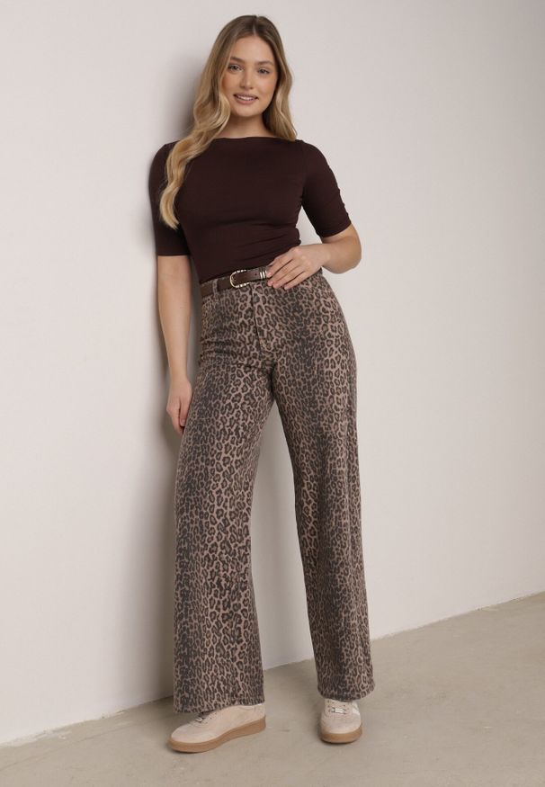 Born2be - Panterkowe Bawełniane Jeansy z Szerokimi Nogawkami i Wysokim Stanem Salithirae. Okazja: na co dzień. Stan: podwyższony. Styl: casual, klasyczny