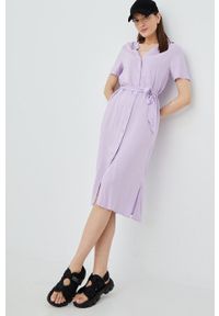 Vero Moda sukienka kolor fioletowy midi prosta. Okazja: na co dzień. Kolor: fioletowy. Materiał: tkanina, materiał, wiskoza. Długość rękawa: krótki rękaw. Typ sukienki: proste. Styl: casual. Długość: midi #4