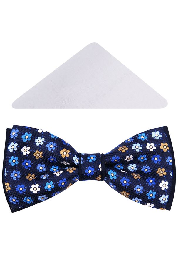 Modini - Granatowa mucha w kolorowe kwiaty A199. Kolor: niebieski. Materiał: bawełna, tkanina. Wzór: kolorowy, kwiaty. Styl: elegancki