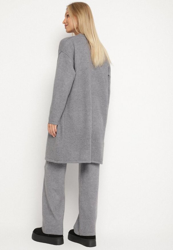 Born2be - Szary Dzianinowy Komplet z Wełną Kamizelka Długi Kardigan i Spodnie Otizela. Kolekcja: plus size. Kolor: szary. Materiał: wełna, dzianina