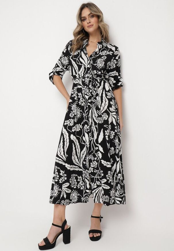 Born2be - Czarno-Biała Koszulowa Sukienka z Roślinnym Wzorem z Wiązanym Paskiem Rosallen. Kolor: czarny. Wzór: aplikacja. Typ sukienki: koszulowe. Długość: maxi