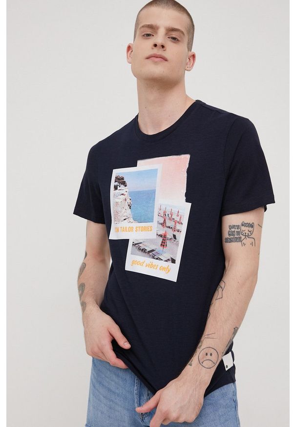 Tom Tailor t-shirt bawełniany kolor granatowy z nadrukiem. Kolor: niebieski. Materiał: bawełna. Wzór: nadruk