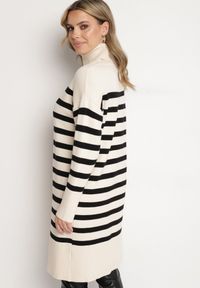 Born2be - Kremowo-Czarna Sweterkowa Sukienka z Golfem Wiskozą i Modalem Ozdobiona Paskami Fesalttia. Okazja: na co dzień. Typ kołnierza: golf. Kolor: beżowy. Materiał: wiskoza. Długość rękawa: długi rękaw. Wzór: aplikacja. Typ sukienki: proste. Styl: casual, elegancki #6