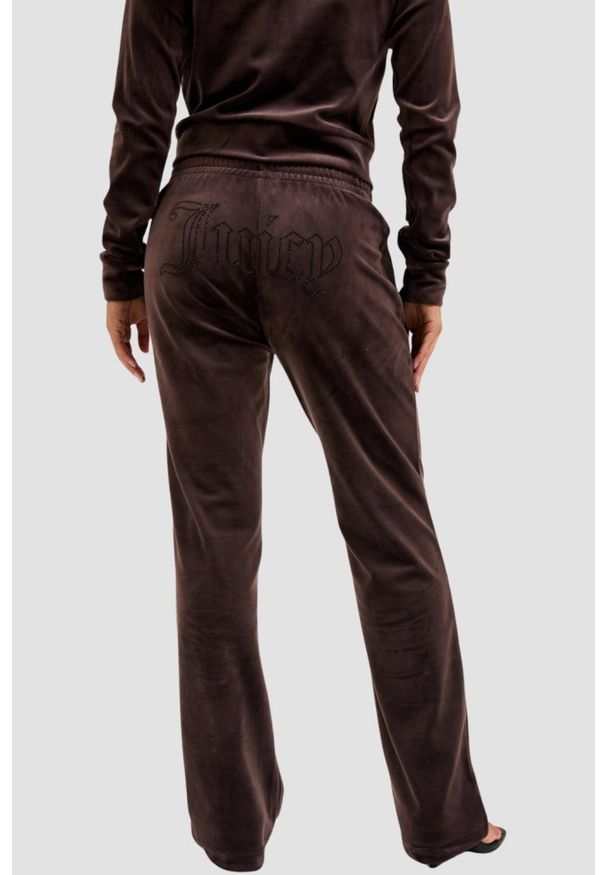 Juicy Couture - JUICY COUTURE Czekoladowe spodnie dresowe damskie z cyrkoniami Tina Outline, Rozmiar S. Kolor: brązowy. Materiał: dresówka